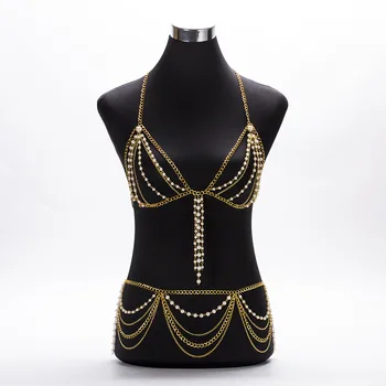 

BeUrSelf Sexy Tassel Pearl Body Chain for Women Wearing Bra Chain Multiplayer Belly Chain Summer Beach Bikini Jewelry Night Bar