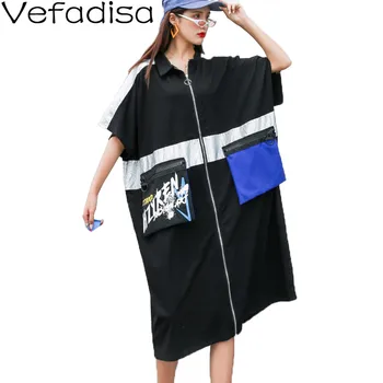

Vefadisa Plus Size Women Dress 2020 Summer Lapel Zipper Patchwork Knee-Length Dress Casual Women Dress With Pocket Black QYF2751