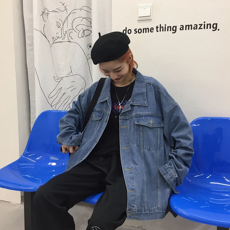 Fox mr. осень Ulzzang Harajuku BF Стиль уличное винтажное джинсовое пальто свободный крой Классические Куртки для пар мужские