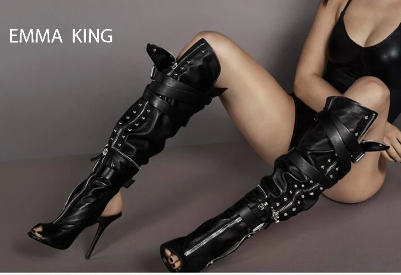 

Spring Autumn Fashion Women Black Boots Zapatos De Mujer Zipper Buckle Strap High Heels Open Toe Knee High Boots Women Shoes