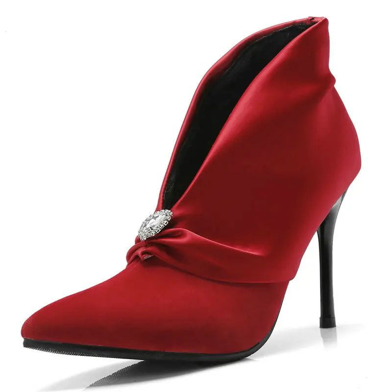 

Spring Autumn Fashion Boots Silk Crystal Women Super High Heel Ankle Boots Slip On Pointed Toe Party Female Shoes Red Black