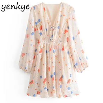 

Elegant Women Multicolor Floral Print Chiffon Dress Front Lace Up V Neck Lantern Sleeve A-line Mini Party Dress Summer vestido