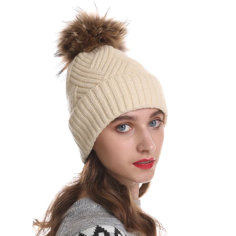 Chapeau D'hiver Pour Femmes Naturel Fourrure Pompon