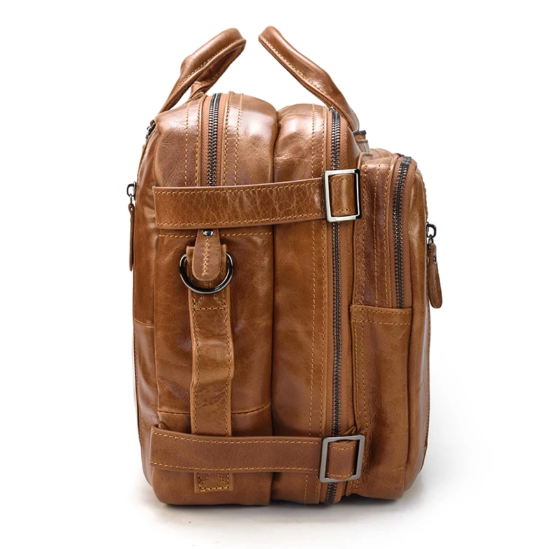 Винтажный мужской деловой портфель, многофункциональная сумка из натуральной кожи, 14 дюймов, сумка для ноутбука, двухслойная сумка из воловьей кожи, сумка на плечо