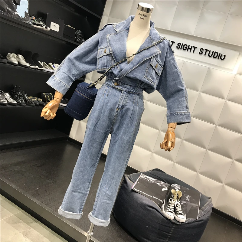 Autumn Women Jumpsuit Long Sleeve Washed Denim Jumpsuits Rompers Female Loose Sexy Style Jeans Pants Casual Overalls R373