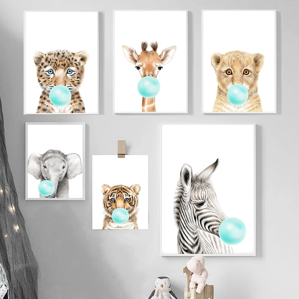 

Giraffe Zebra Giraffe Posters and Prints Canvas Art Painting Teal Bubble Animal Nordic Nursery Wall Art Pictures for Living Room