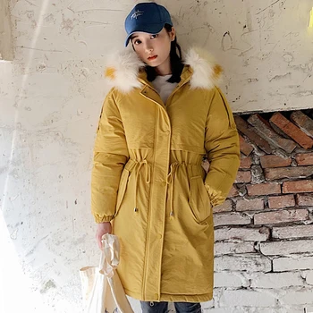 

New Arrival 2019 Women Winter Jacket Padded Outwear Female Korean Style Coat Loose Hooded Faux Fur Ladies Long Parka