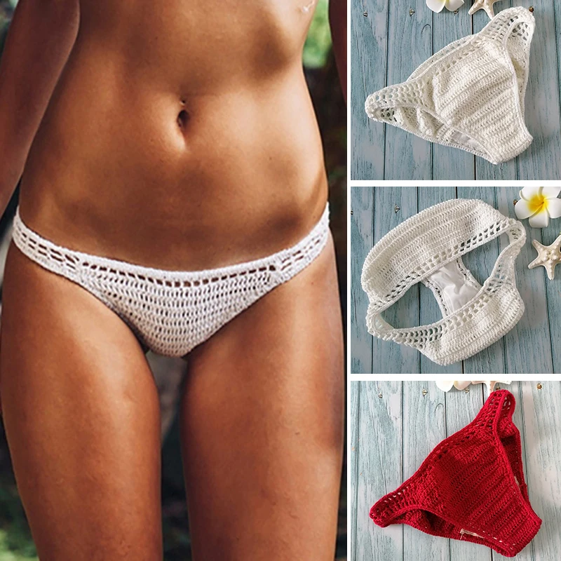 2019 Women Sexy Crochet Bikini Bottom Boho Thong Bikini  Handmade Swimsuit Knitting Shorts