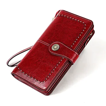 

Genuine Leather Wallet Oil Wax Long Wallet Rfid More Function Female Purse Card Holder Wallet Multi-Card Card Holder Wallets