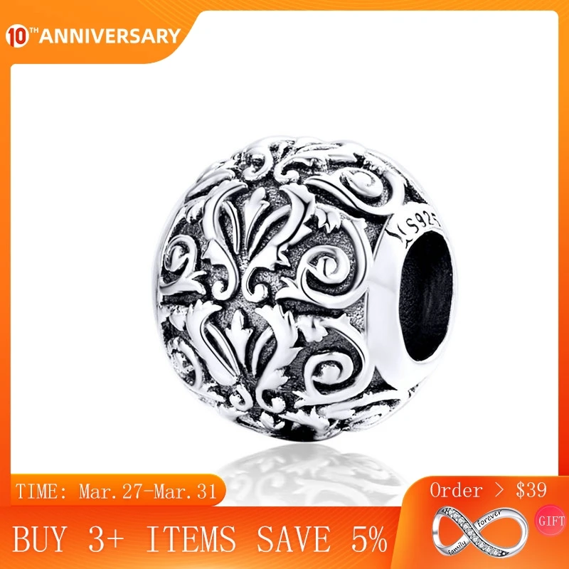 

CodeMonkey Metal Round Beads for Jewelry Making 925 Sterling Silver European Engraved Pattern Silver Charm for 3mm Bracelet 1179