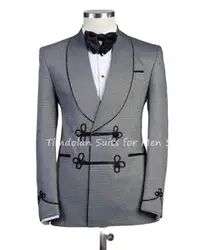 2Pcs Shawl Lapel Jacket Pants Custom Made Grey Plaid Blazer Black Trousers Men's Suit Sets Groomsmen Wedding Party Wear Clothing