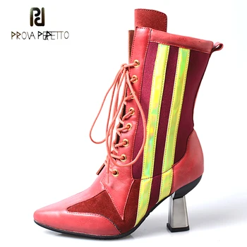 

Prova Perfetto Mixed Color Real Leather Patchwork Stretch Short Boot Women Pointed Toe Strange High Heel Sock Boots Lace Up Shoe