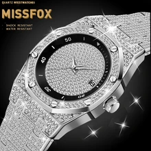 Iced Out Watch Men Hip Hop MISSFOX Luxury Wristwatch Diamond Watch Silver Men Watches Tachymeter Calendar Male Jewelry Watch