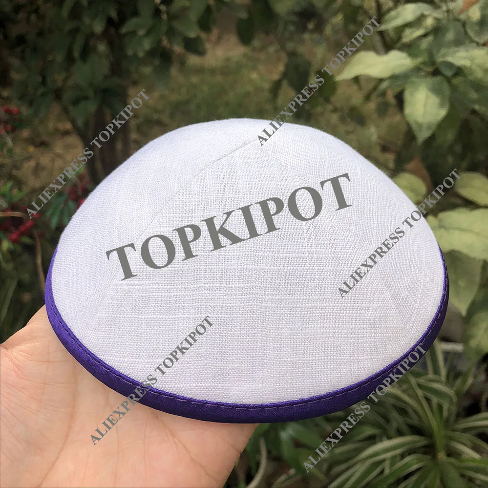 

WHITE LINEN KIPAS WITH PURPLE BORDER