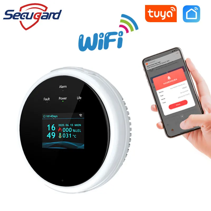 SECUGARD Tuyasmart-Detector de Gas WiFi, Sensor de fugas, pantalla LED inteligente, sistema de alarma de Gas Natural, Compatible con válvula electrónica