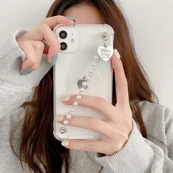 Charming Love Heart Pearl Bracelet Phone Case with Wrist Chain - Soft Back Cover - iPhone X or XS (A)