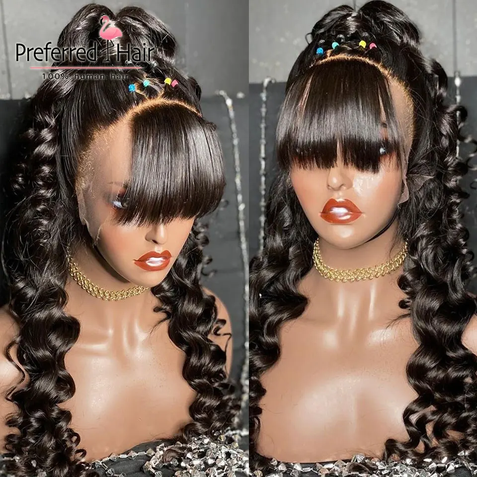 

Preferred 13x6 Lace Front Human Hair Wigs with Bangs Brazilian Remy Deep Wave Wig PrePlucked 360 Lace Frontal Wig For BlackWomen