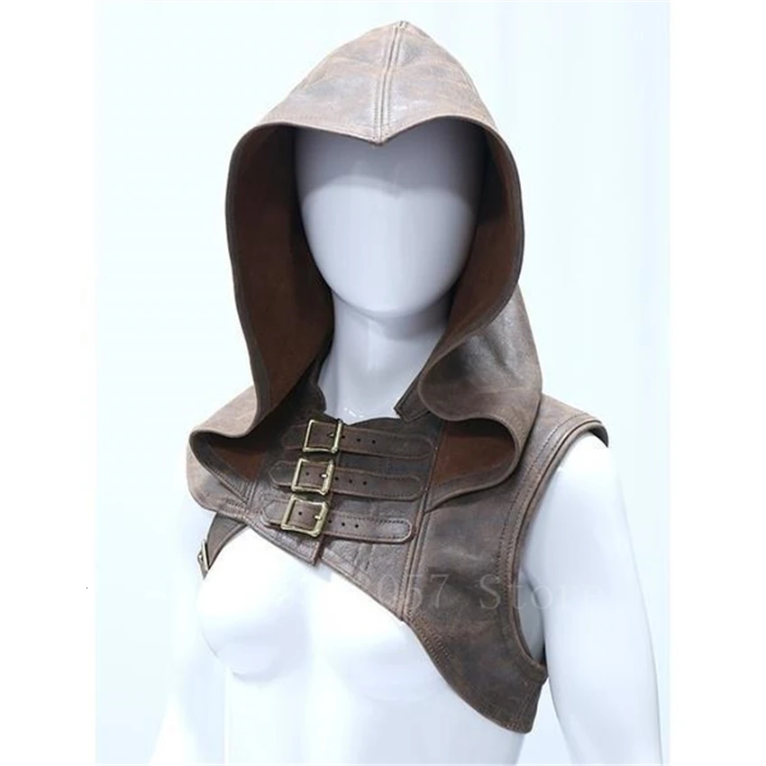 

Medieval Vintage Woman Hunting PU Leather Hooded Tops Halloween Gothic Style Archer Hunter Cosplay Headgear Knight Shawl