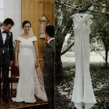 

Simple Satin Mermaid Wedding Dresses Off the Shoulder Country Bride Dress Sleeves Zipper Bridal Gowns Vestidos De Novia 2020