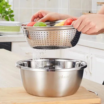 

304 stainless steel basin drain basin set Two-piece wash basin with rice sieve kichen tool WJB32706
