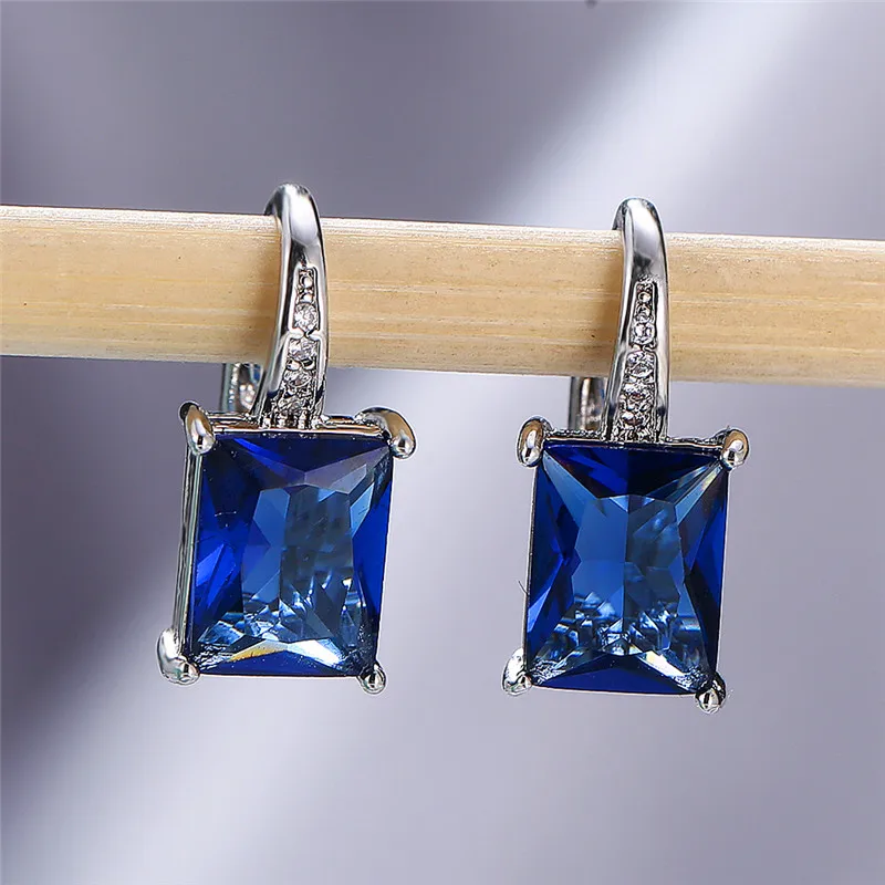 Simple Female Aqua Blue Crystal Jewelry Cute Silver Color Small Clip Earring Dainty Rainbow Square Wedding Earrings For Women
