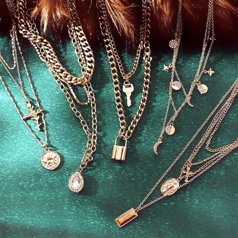 

Luokey Punk Cuban Chain Choker Necklace For Women Men Layers Jesus Cross Angel Crystal Pendant Necklace Goth Lock HipHop Jewelry