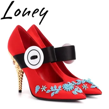 

Ollymurs Sexy Pointed Toe Floral Embroidery Pumps Buckle Strap Exotic Thin HIgh Heel Pumps Shoes