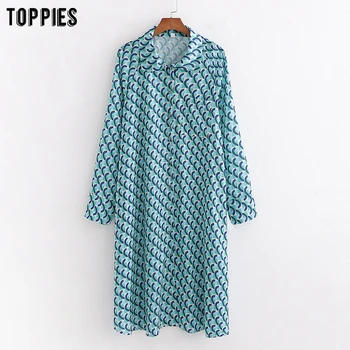 

2020 geometric print shirt dress women summer midi dress long sleeve single breasted