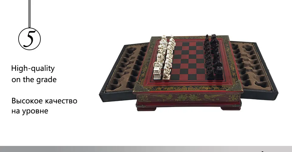 Easytoday Wooden Chess Game Set Resin Character Modeling Chess Pieces Chinese Retro Terracotta Warriors Wooden Chessboard Gift (5)