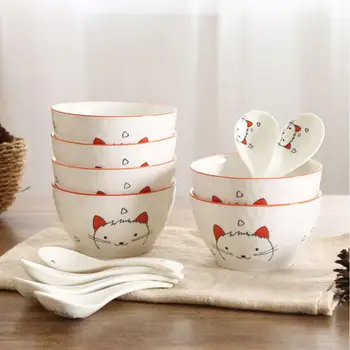 

12Pcs/Set Ceramic Tableware Bowl Spoon Cute Cat Heart Dinnerware Set