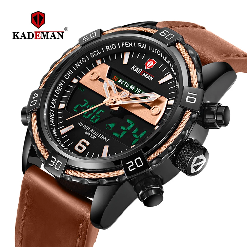 

KADEMAN Luxury Male Watch with Alarm Clock Luminous Dial Digital Quartz Top Brand Man Watches 2019 New Dual Display Men's Watch