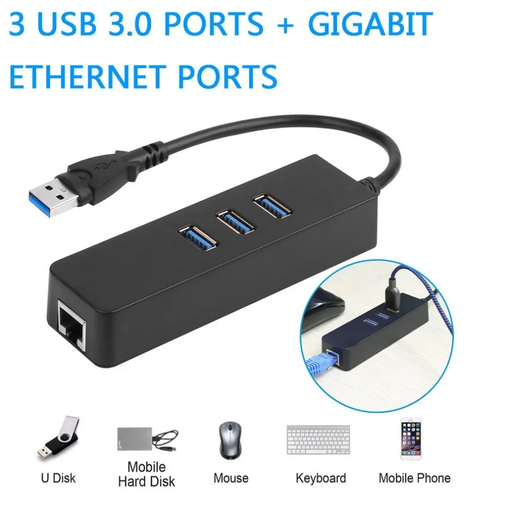 

3 Ports USB 3.0 Gigabit Ethernet LAN RJ45 Network Adapter Hub to 1000Mbps PC