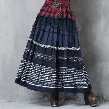 

Folk-custom Style Vintage Embroidery Denim Skirt Women Summer Stripe Elastic Waist Pleated Skirt Ladies Mid-calf Length Skirts