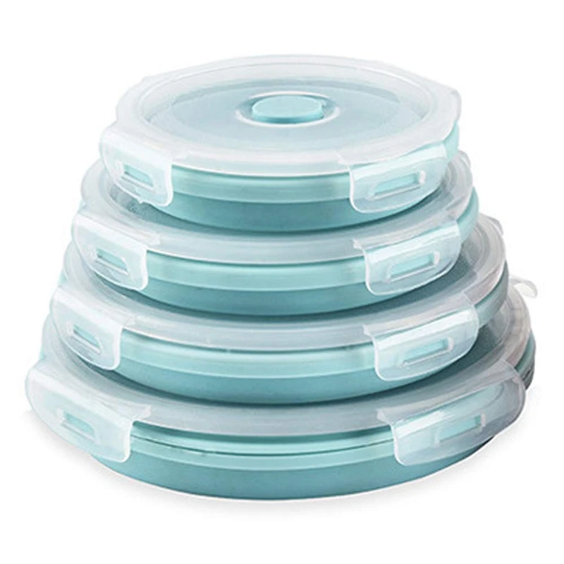 

4Pcs Round Silicone Foldable Food Storage Boxes With Front Cover Washable Dishwasher and Refrigerator