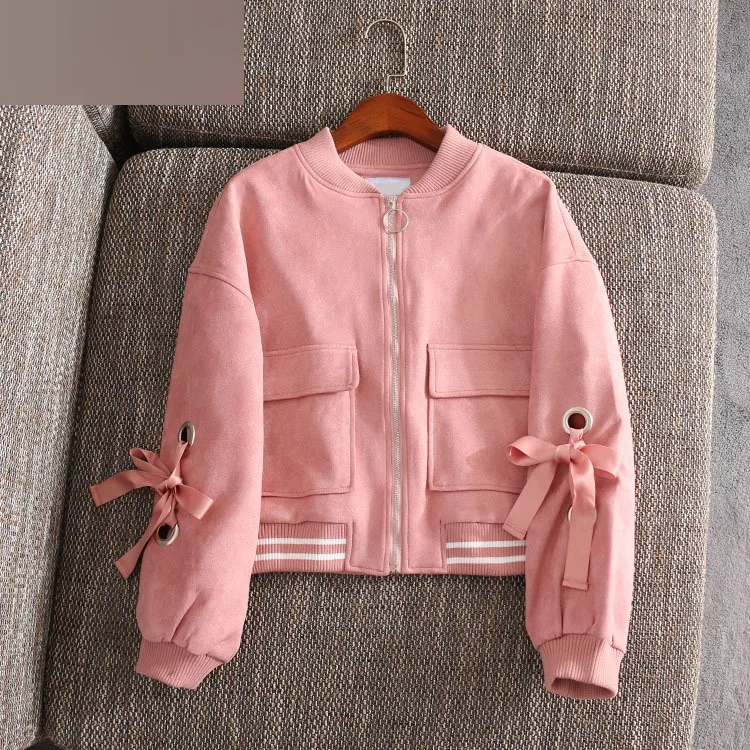 

406op Elegant Stand Collar Loose-Fit Ribbon Bow Lace-up Long Sleeve Short Motorcycle Jacket