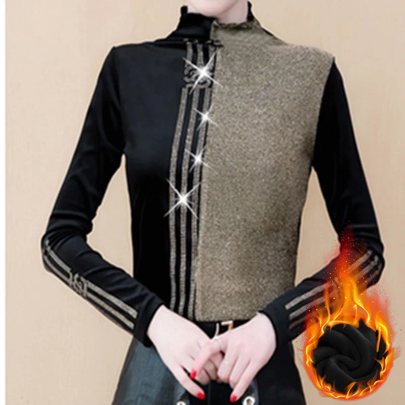 Golden with fleece Bling водолазка футболка женская осень зима флис блестящие бриллианты Цвет Блок топы тройник джемпер женска T9D203Y - Цвет: Golden with fleece