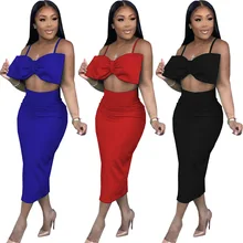 Aliexpress - Women’s Fashion Sexy Sling Big Bow Wrapped Bust Split High Waist Skirt Suit Summer 2021 Red Blue Black