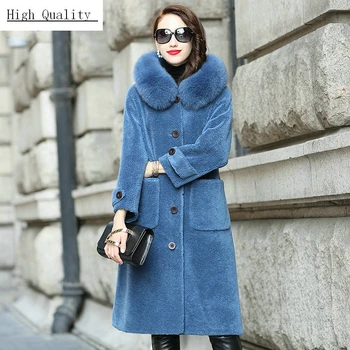 

Natural Sheep Shearing Fur Coat Female Real Wool Jacket Women Autumn Winter Fox Fur Hooded Warm Spring Clothes LWL1373