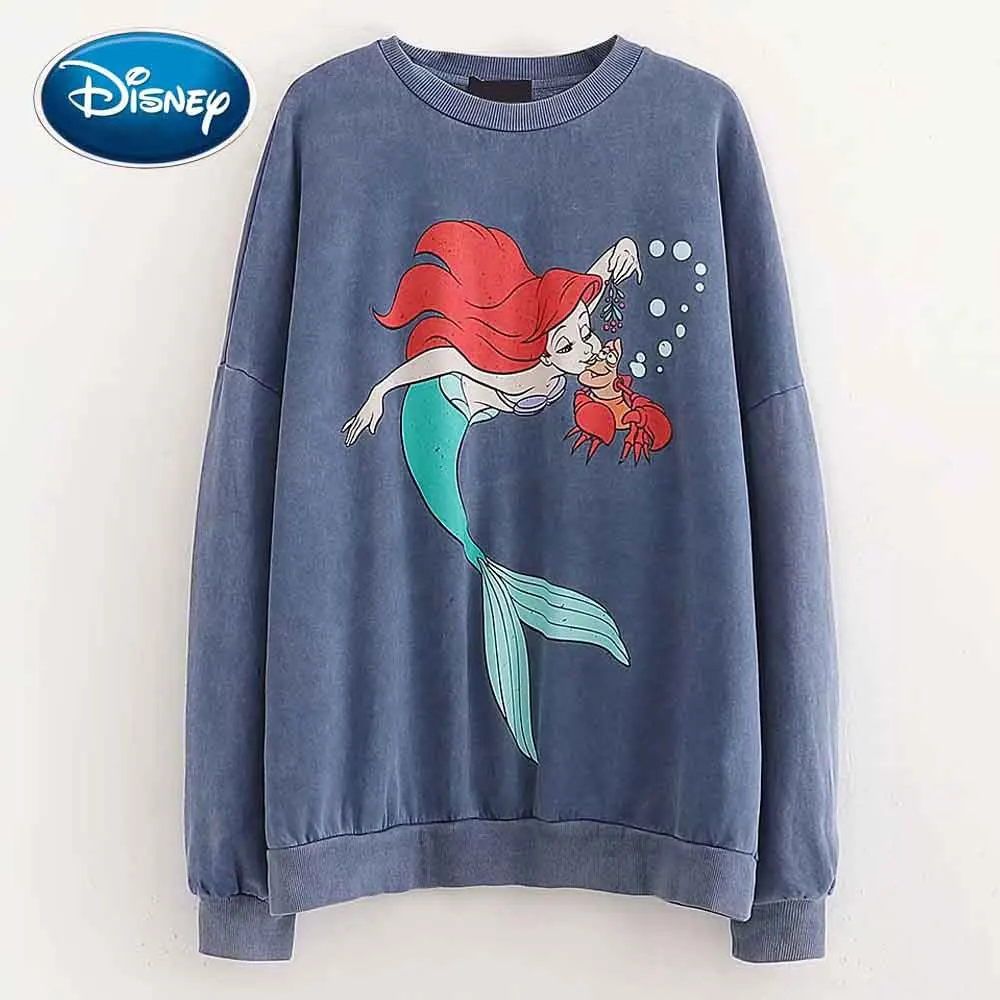 

Disney Cute The Little Mermaid Ariel Crab Cartoon Print Fleece T-Shirt O-Neck Pullover Long Sleeve Casual Women Loose Tee Tops