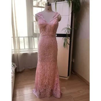

Stock Clean Elegant Pink Mermaid Evening Dresses 2020 V-neckline Lace Tulle Dubai Saudi Arabic Long Evening Gown Prom Dress