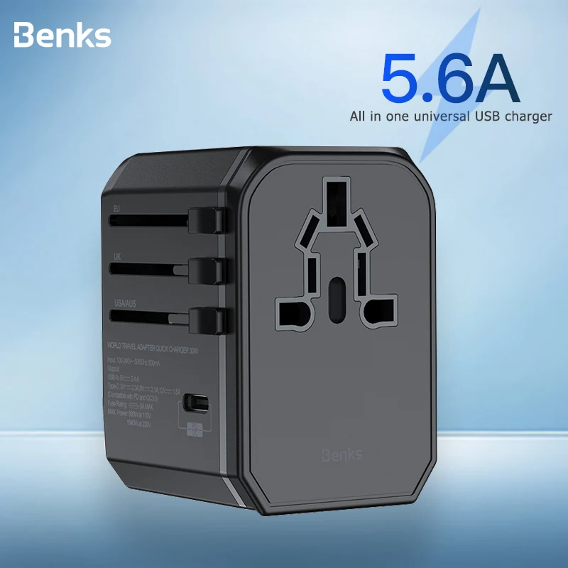 Benks 5.6A Quick Charge 3,0 USB Зарядное устройство Портативный Универсальный Мощность адаптером PD для быстрой зарядки Великобритании/ЕС/США/AU/американского стандарта штепсели для путешествий розетки