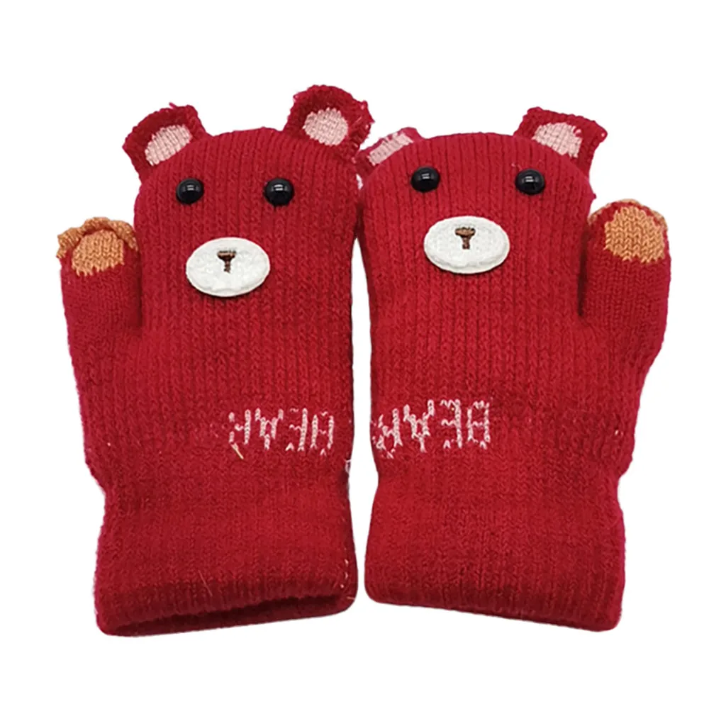 Коллекция года, зимние детские теплые перчатки с лямкой на шее, топ с медвежонком из кашемира, с мультяшным принтом, бархатные плотные перчатки для детей, для мальчиков и девочек,# BL0 - Цвет: Красный