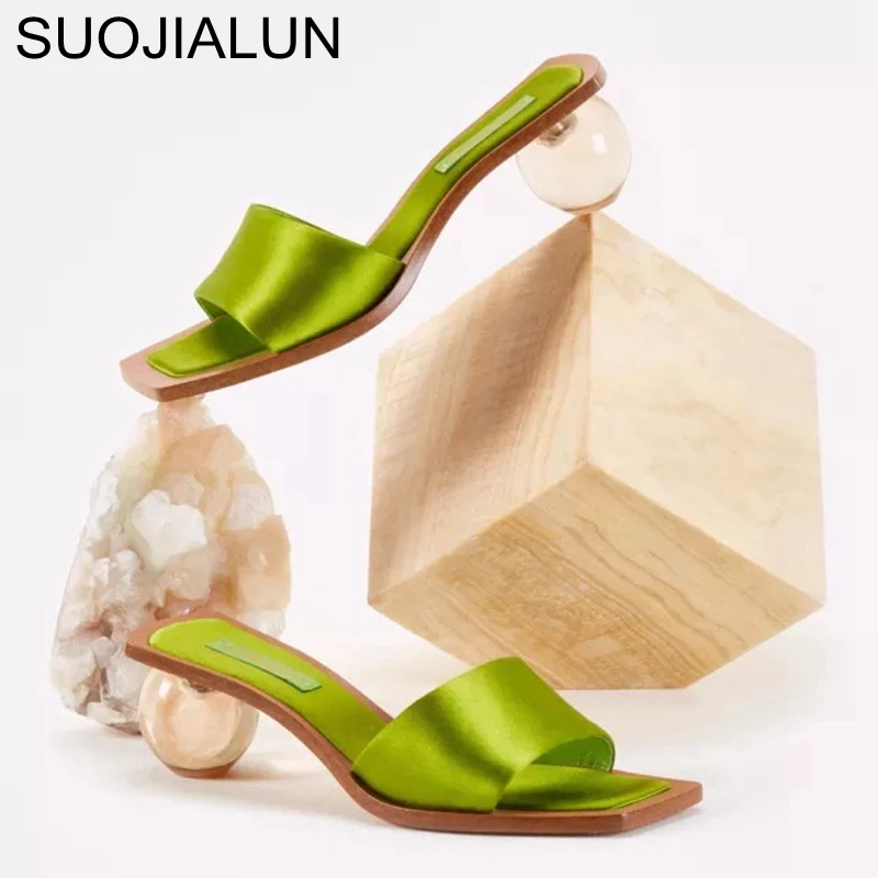 

SUOJIALUN New Brand Women Slipper Crystal Round Ball Heels Sandal Summer Outdoor Beach Peep Toe Slides Shoes Ladies Flip Flops
