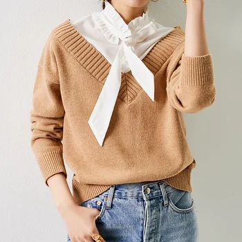

Stitching lace-up Ruffle collar women sweater fake Two-piece knitted sweater tops 2020 new
