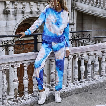 

Casual Tracksuit Women Sports Two Pieces Set Sweatshirts Tie-dye Pullover Hoodies Suit Long Pants Sweatpants Ladies Set Clothes