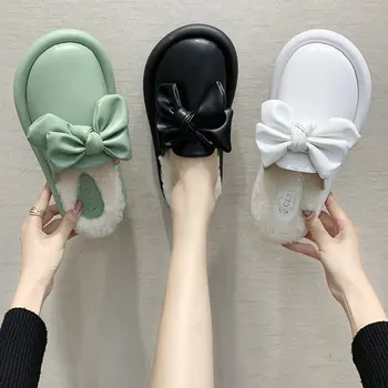 

2019 autumn new slippers women fashion simple solid color bow decoration plush comfortable casual slippers