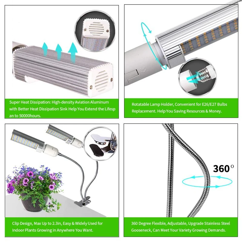 96LED лампа для роста растений 48 Вт USB двуглавый светильник для растений для комнатных теплиц рассады цветов
