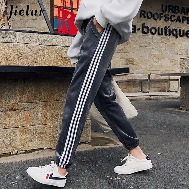 

Jielur 2019 Korean Women Side Stripe Pants Sports Chic Warm Autumn Trousers Black Gray Gold Velvet Women's Winter Trousers M-2XL