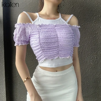 

KLALIEN summer fashion elegant ruffle french romantic black white patchwork female t shirt 2020 new office lady slim wild top