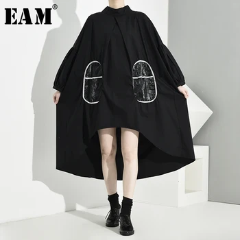 

[EAM] Women Pocket Split Asymmetrical Big Size Dress New Stand Collar Long Sleeve Loose Fit Fashion Spring Autumn 2020 1K640
